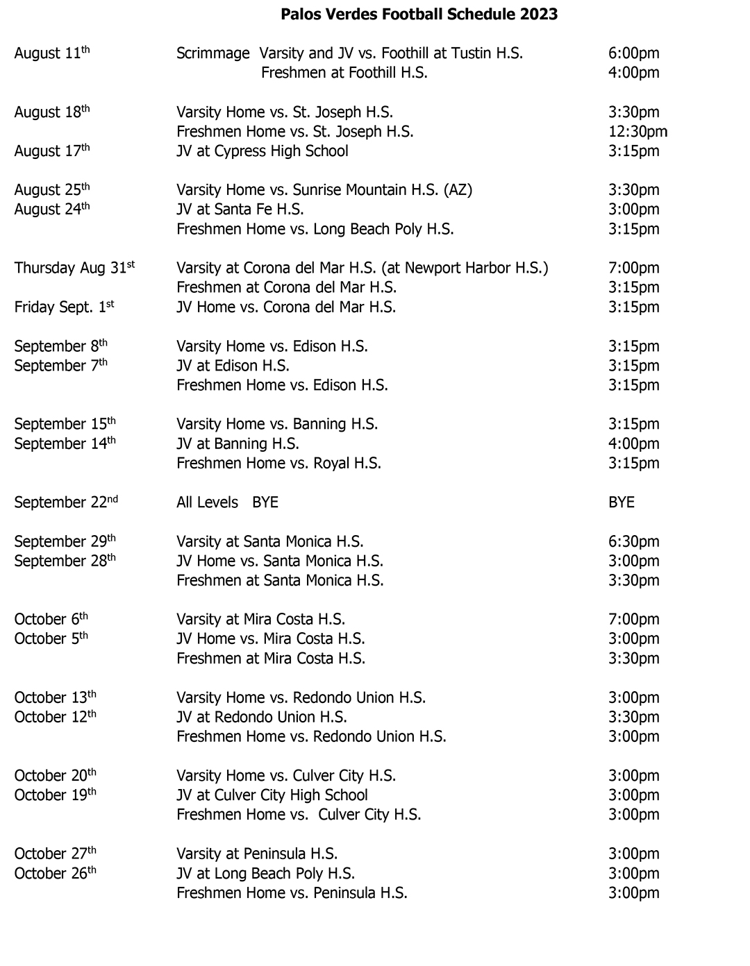 Schedule  SEA KING FOOTBALL